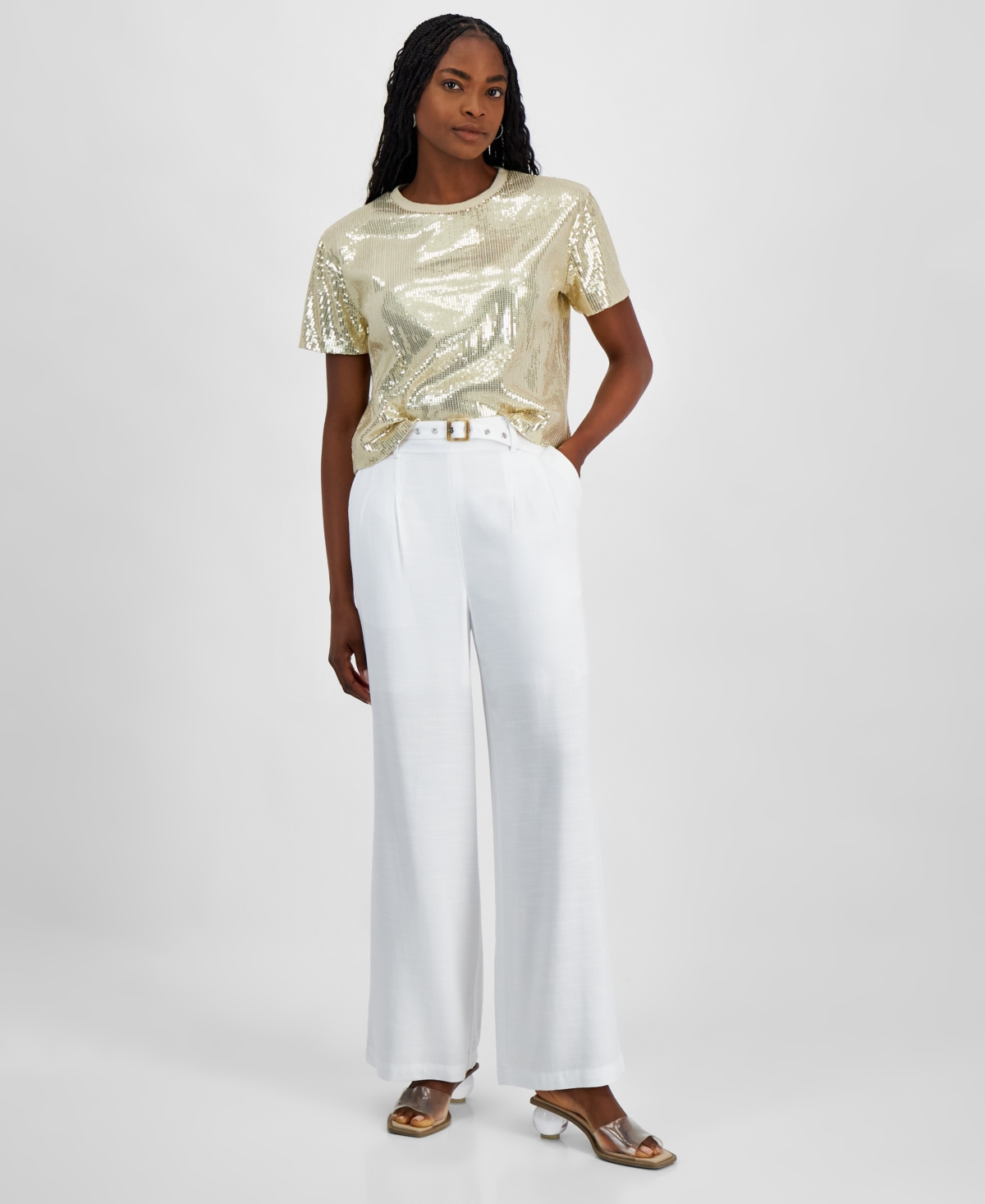 Bar Iii Women's Belted High-rise Wide-leg Pants, Exclusively At Macy's In Bright Whi