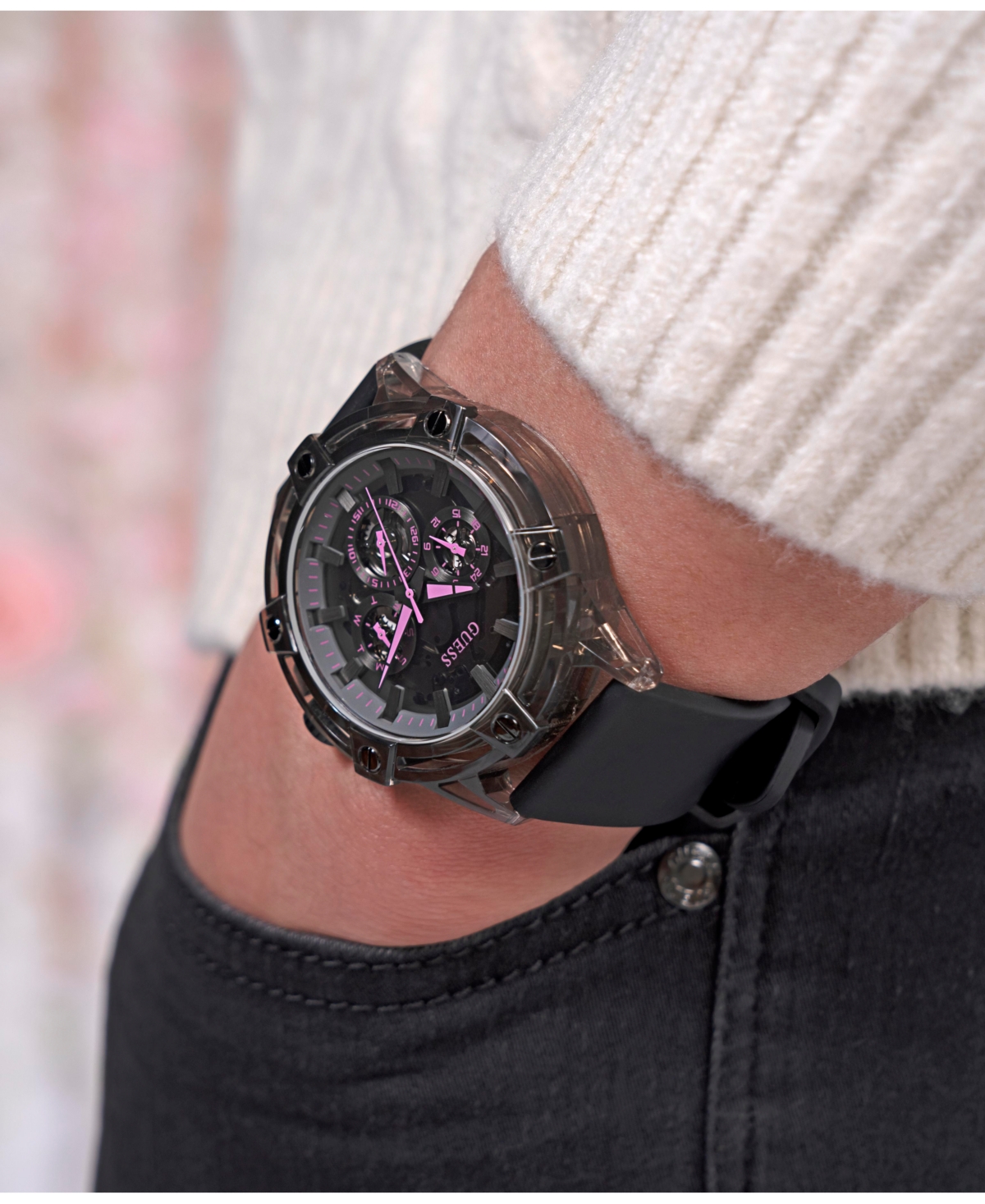 Guess Men's Multi-function Black Silicone Watch 48mm In Black