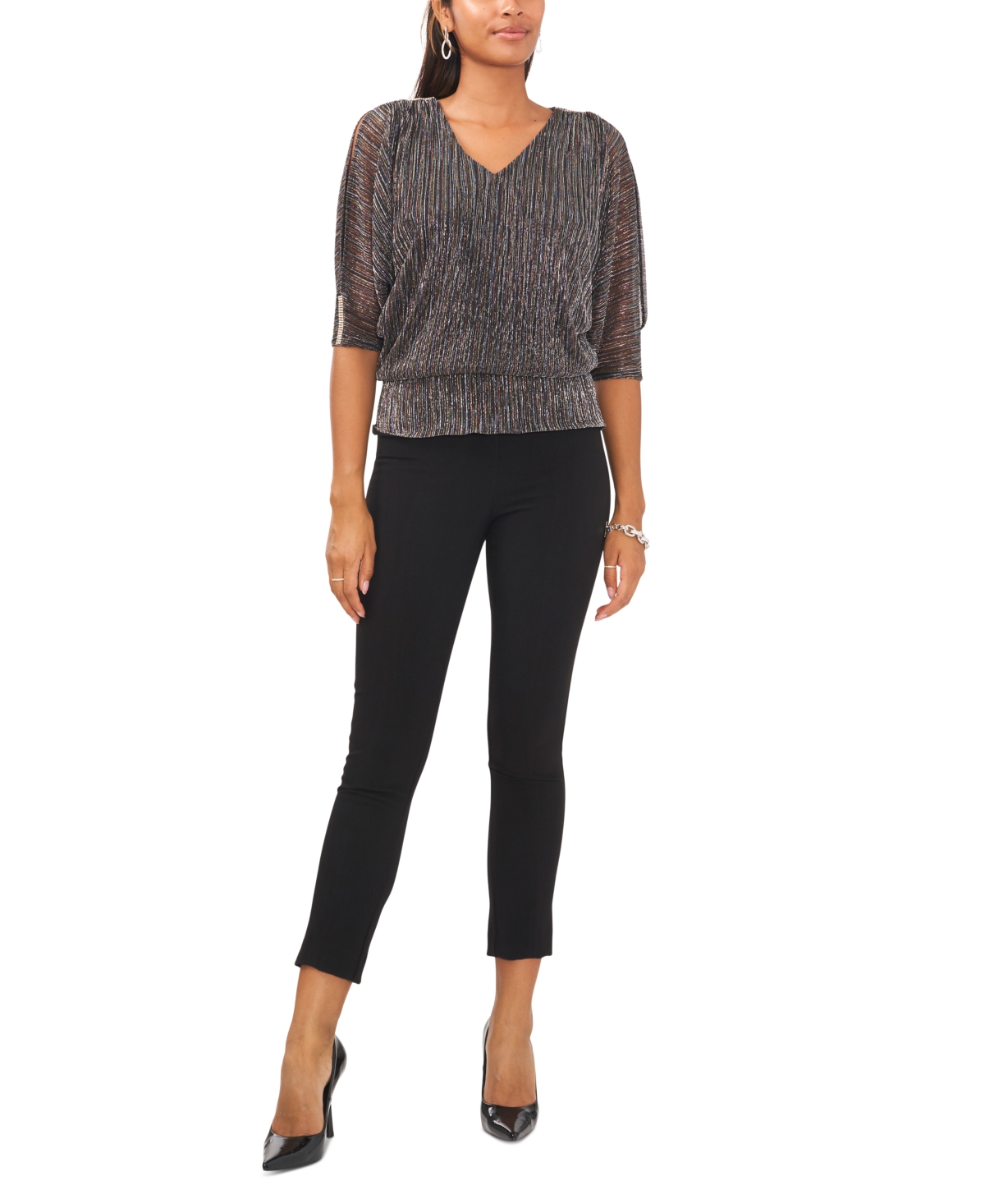 Msk Petite Metallic V-Neck Elbow-Sleeve Blouse -gold