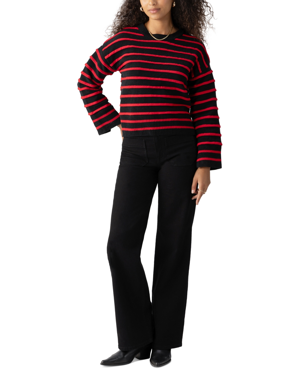 Women's Ottoman Stitch Crewneck Sweater - Black W/ Mars Red Stripe