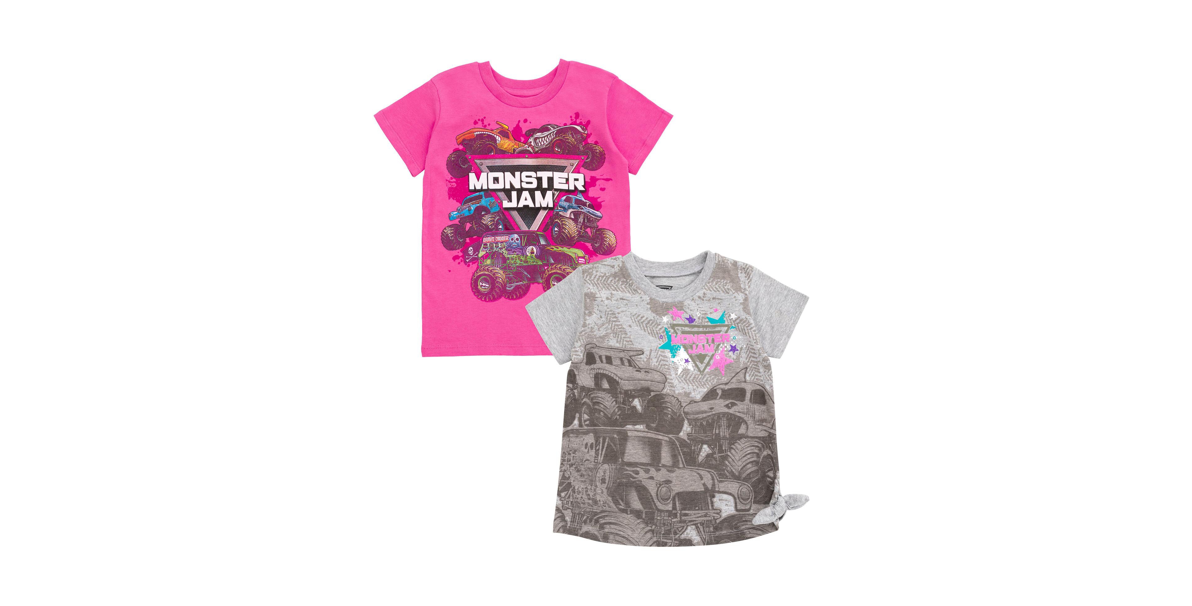 Monster Jam Girls 2 Pack T-Shirts to Grave Digger El Toro Loco Whiplash Mutt Dalmatian Megalodon