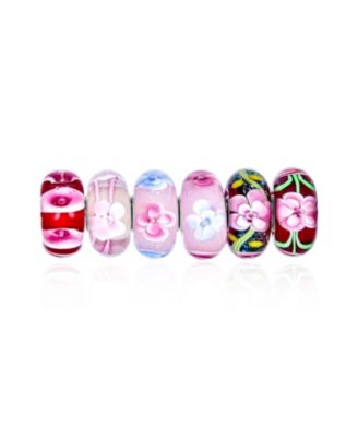 Mixed Set Of 6 Bundle .925 Sterling Silver Core Translucent Shades Of Red Pink Flower Rose Floral Murano Glass Charm Bead Spacer Fits Eu