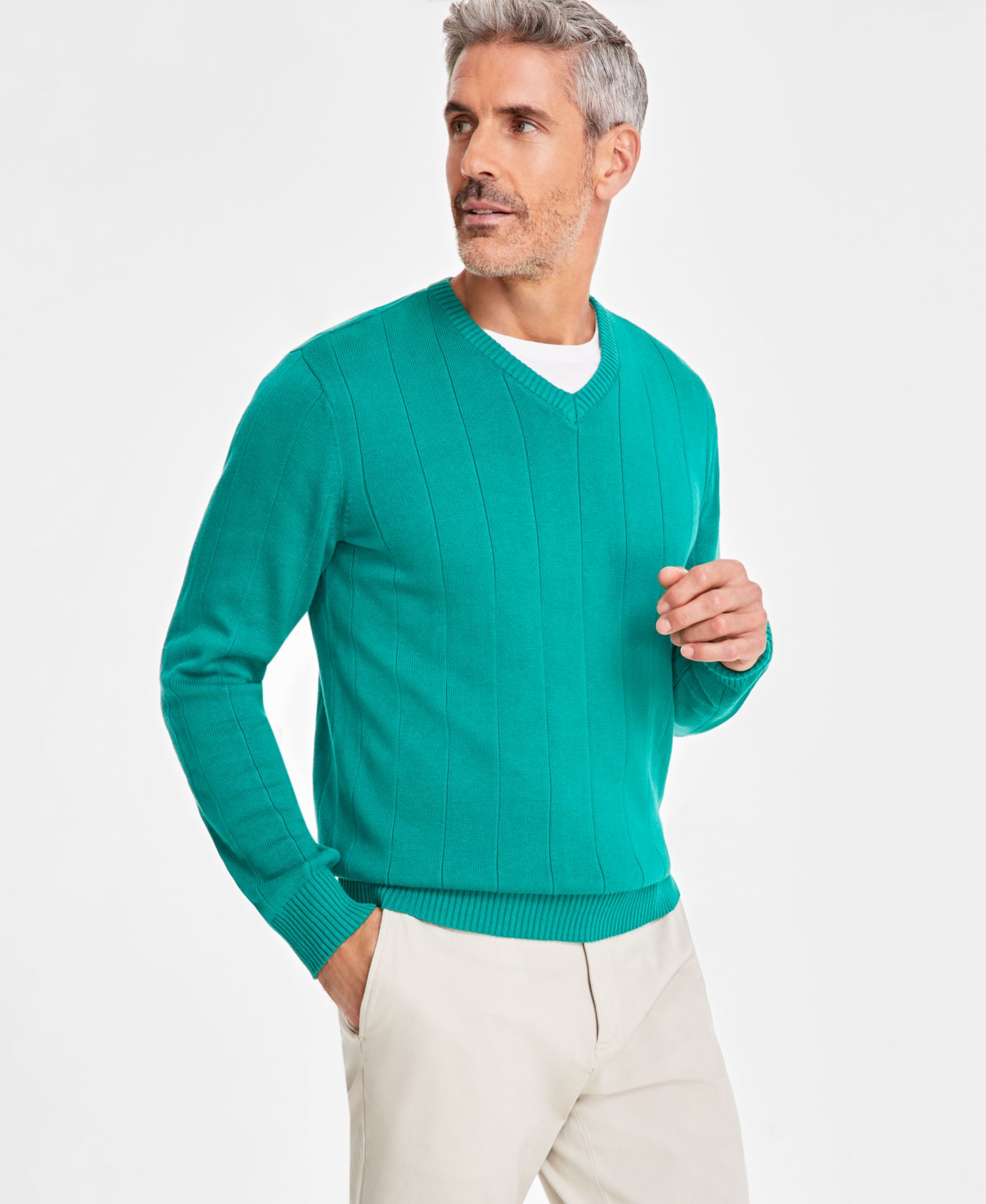 Men's Drop-Needle V-Neck Cotton Sweater