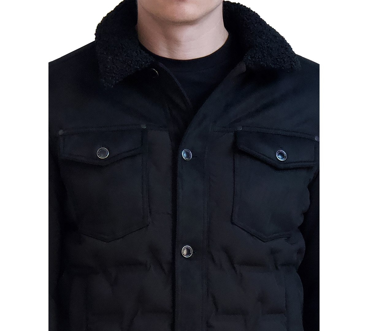 Karl Lagerfeld Men's Quilted Faux Fur Trim Trucker Jacket In Black