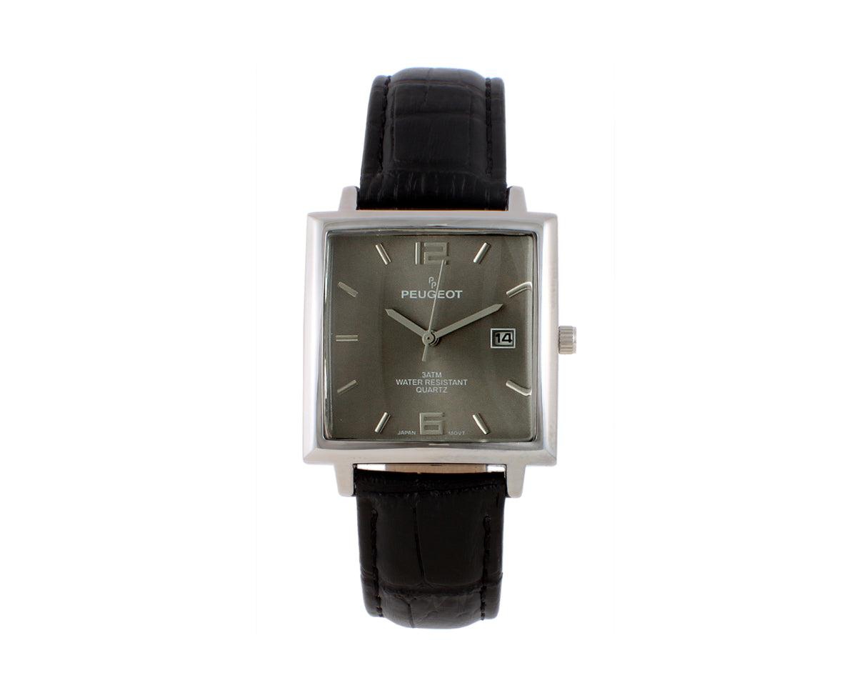 Men's 35mm Gray Dial Square Watch with Black leather Strap - Dark Grey