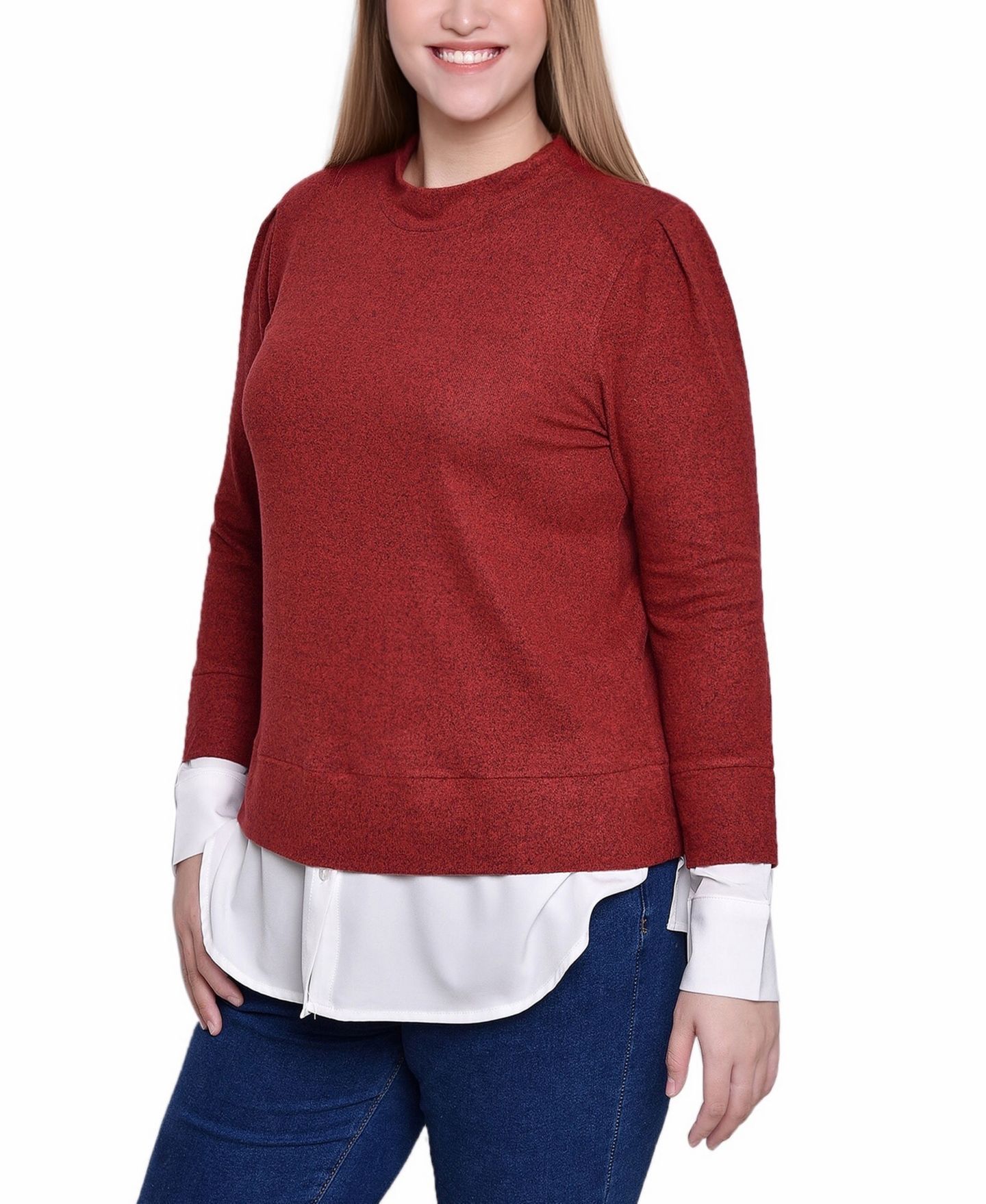 Женский топ NY Collection Petite Long Sleeve Two-Fer, цвет: Красный белый — фото 3