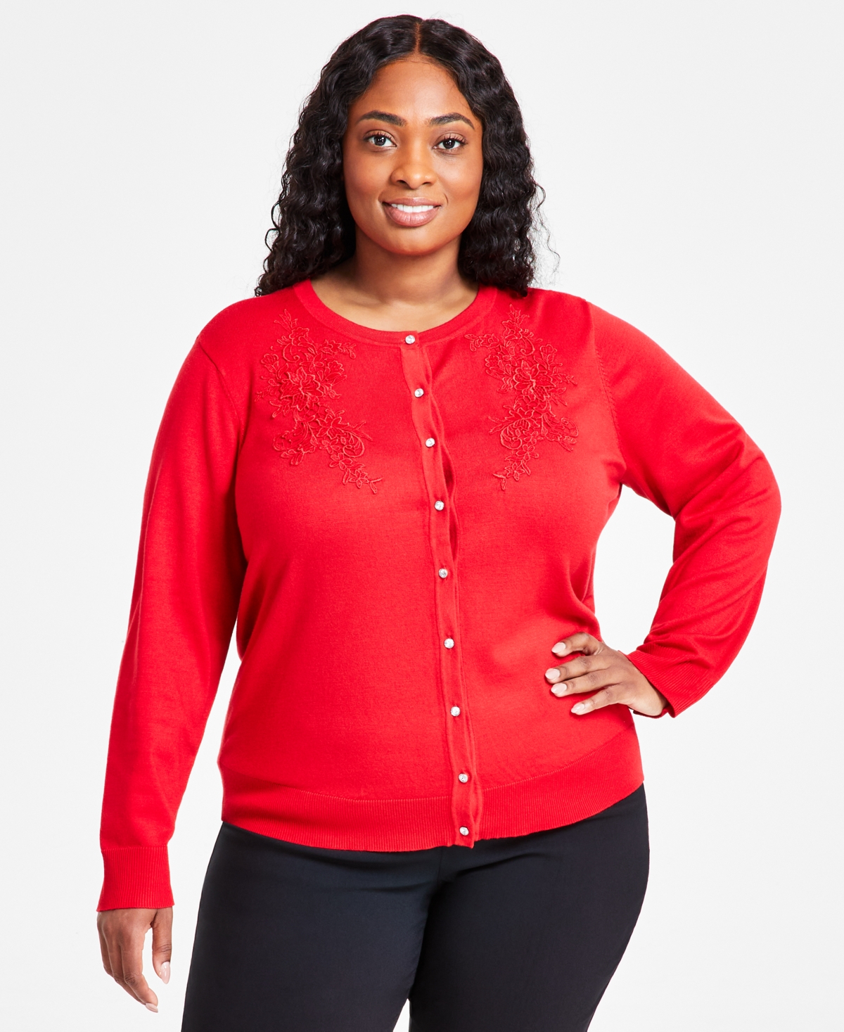 JM COLLECTION PLUS SIZE APPLIQUE LONG-SLEEVE BUTTON-FRONT CARDIGAN, EXCLUSIVELY AT MACY'S 