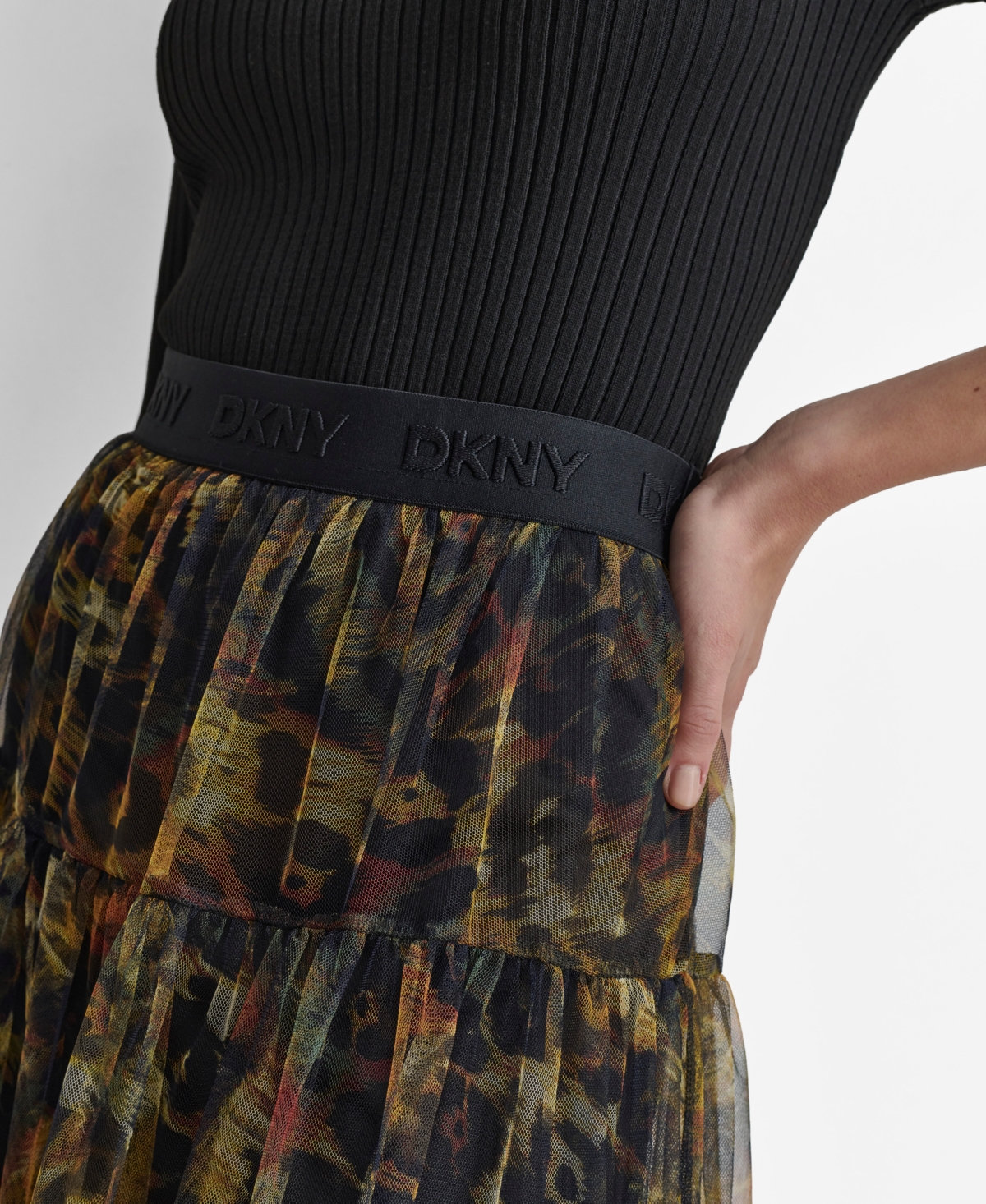 Dkny Women's Printed Logo-Waistband Tulle Mesh Skirt