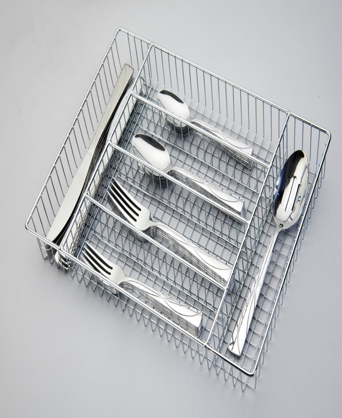 Ornative Jara Mirror Service For 8 42 Piece Flatware Set With Wire Caddy In Silver