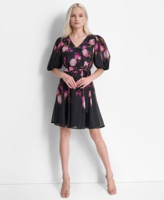 DKNY - Women's Floral Tie-Waist Balloon-Sleeve Dress