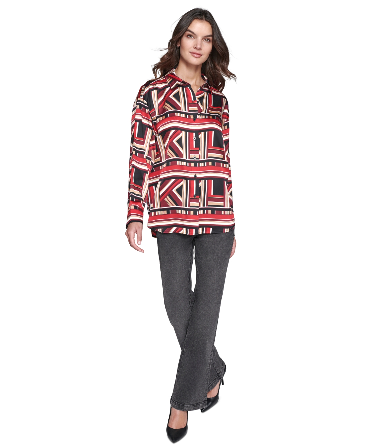 Karl Lagerfeld Paris Women's Oversized Geo-Printed Satin Button-Front Top - Black  Admiral Red
