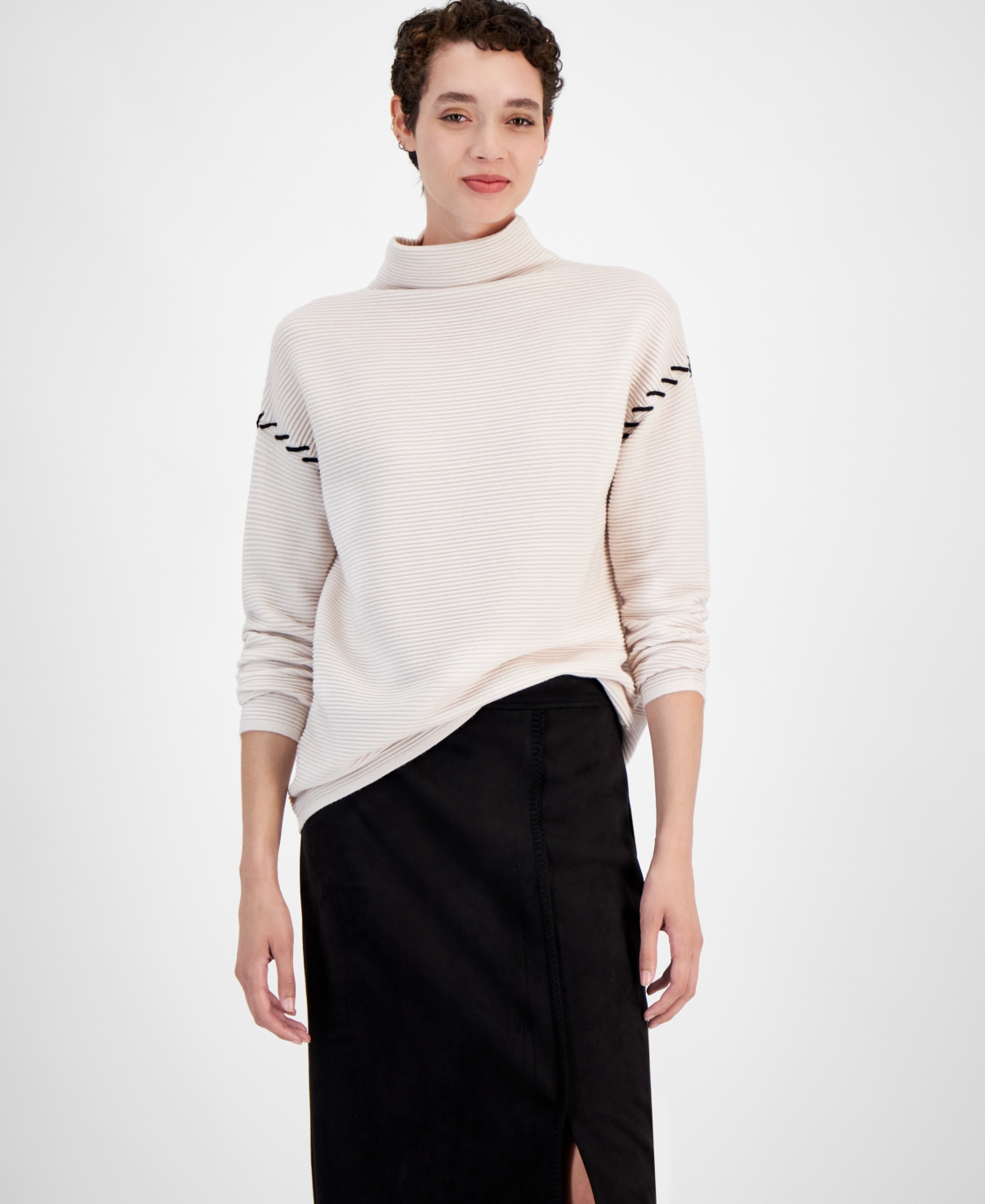 T Tahari Women's Whipstitched Ribbed Drop-Shoulder Sweater