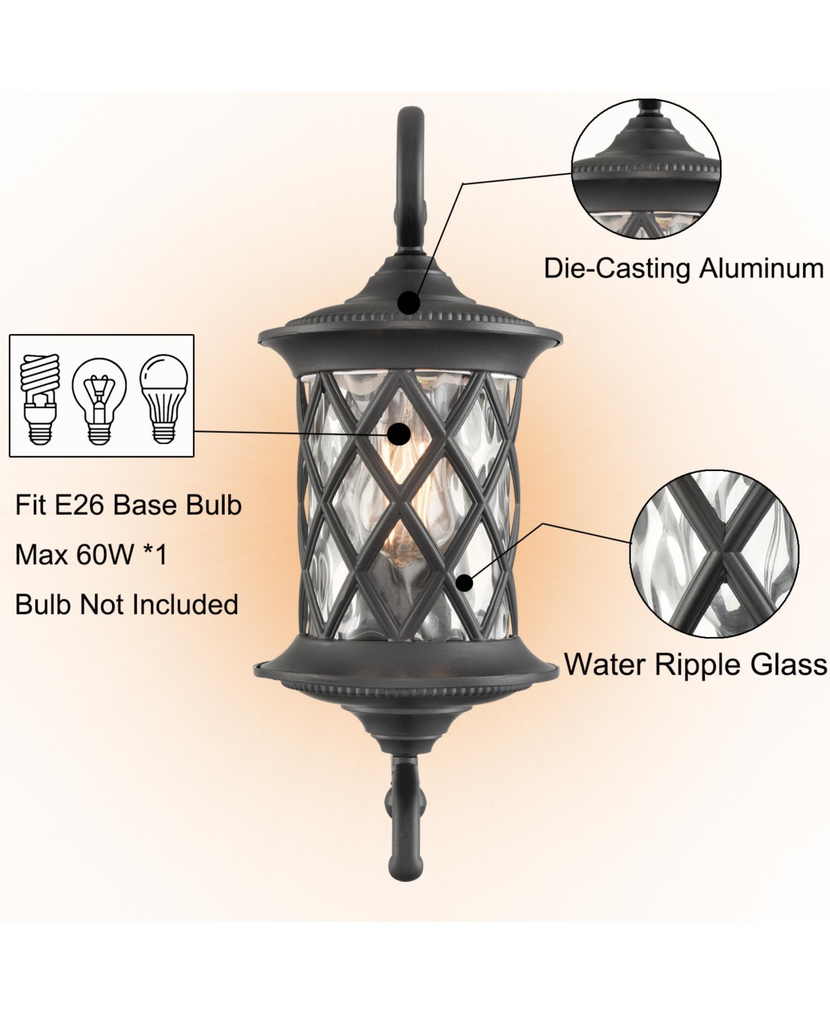 MooseOutdoor Wall Lights Exterior Light Fixture Water Glass Shade - Black