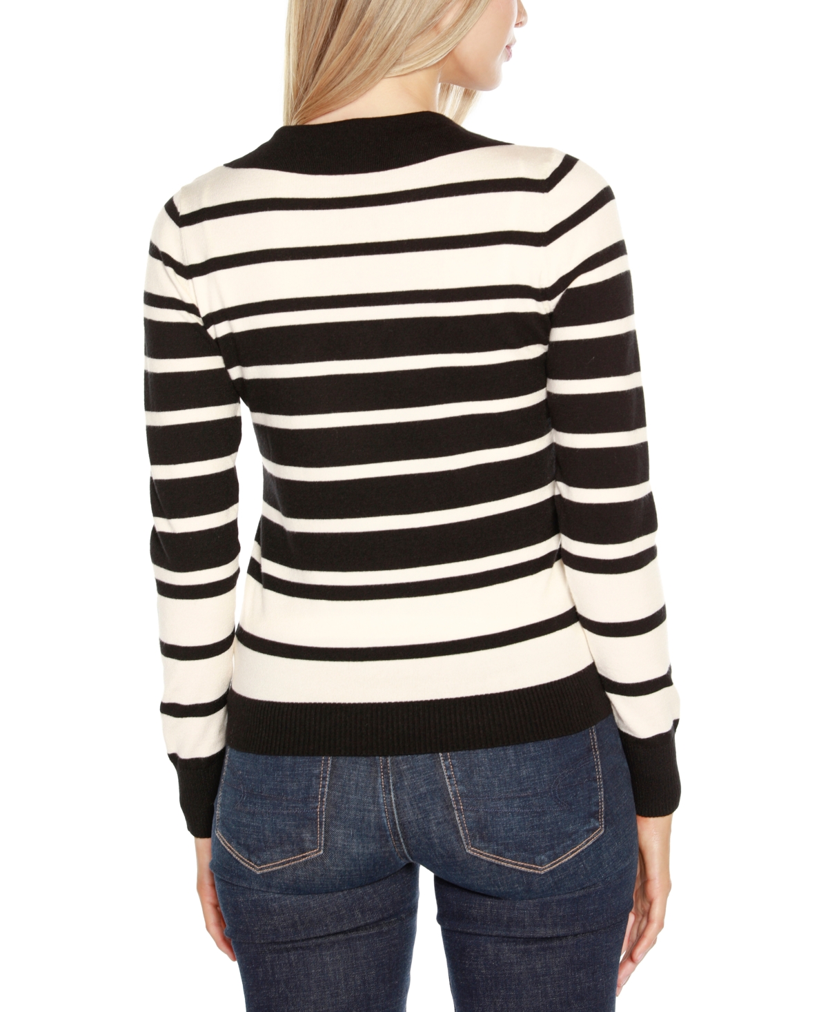Belldini Women's Striped Johnny Collar Sweater -Ecru