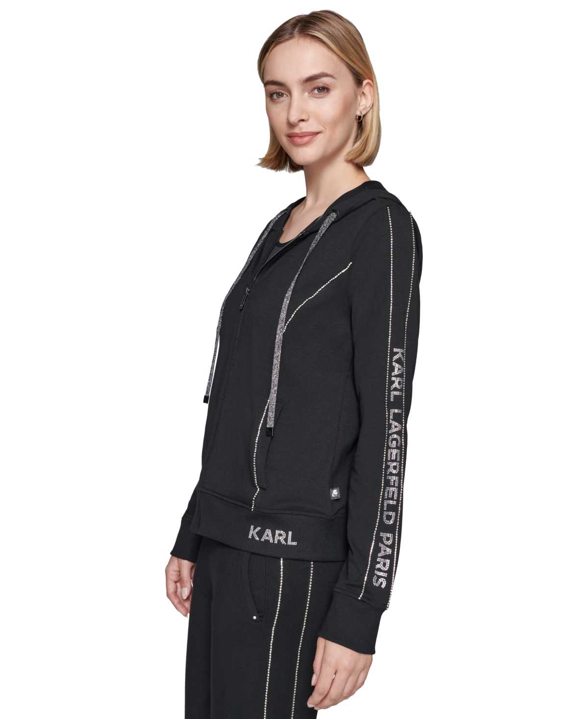 Karl Lagerfeld Paris Women's Petite Embellished Logo Zip Up Hoodie
