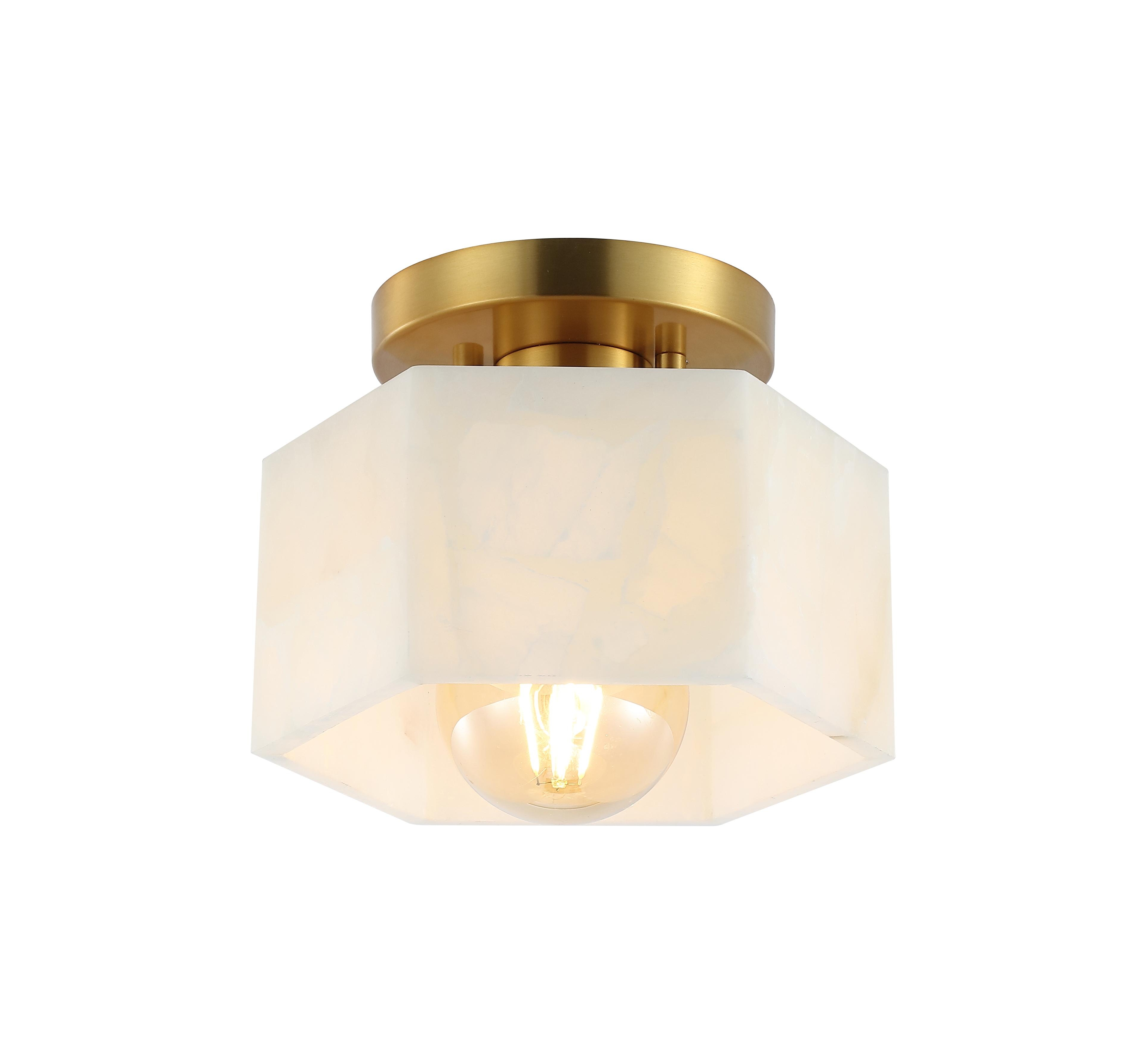 Jonathan Y Tessa 8" 1-Light Modern Contemporary Alabaster/Iron Hexagonal Led Semi Flush Mount, White Marbling/Brass Gold