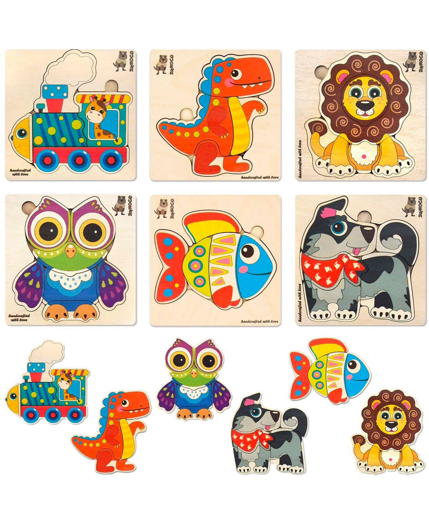 Детские игрушки Quokka Wooden Montessori Puzzles, 6-Piece, Ages 1+, цвет: Cartoonish Animals — фото 1