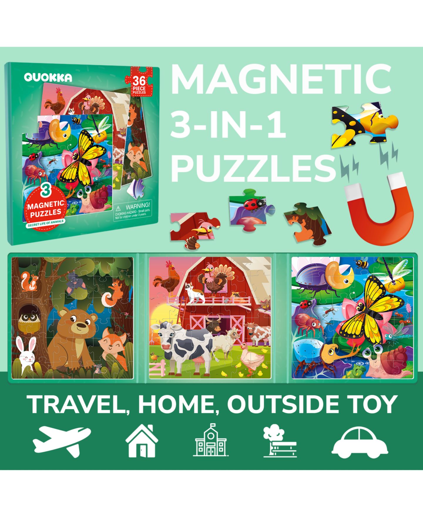 Детская игрушка Quokka Magnetic Travel 20/24/36-Piece Puzzle Book, Ages 3+, цвет: Тёмно-зелёный — фото 2