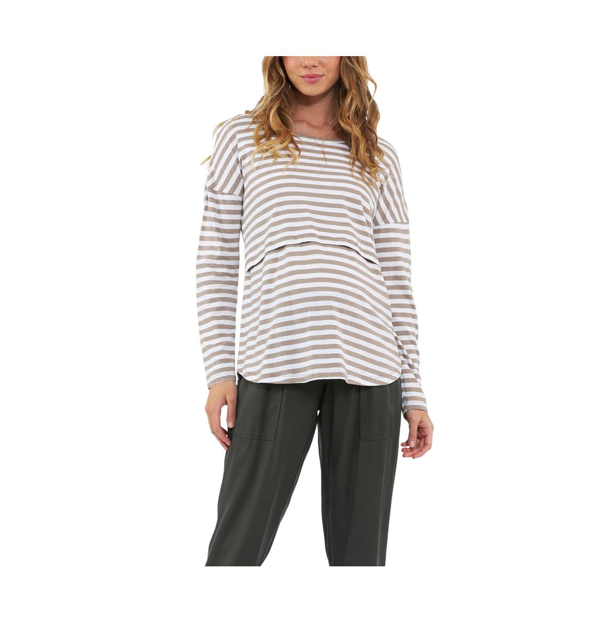 Maternity Lionel Long Sleeve Nursing Tee - Taupe / white