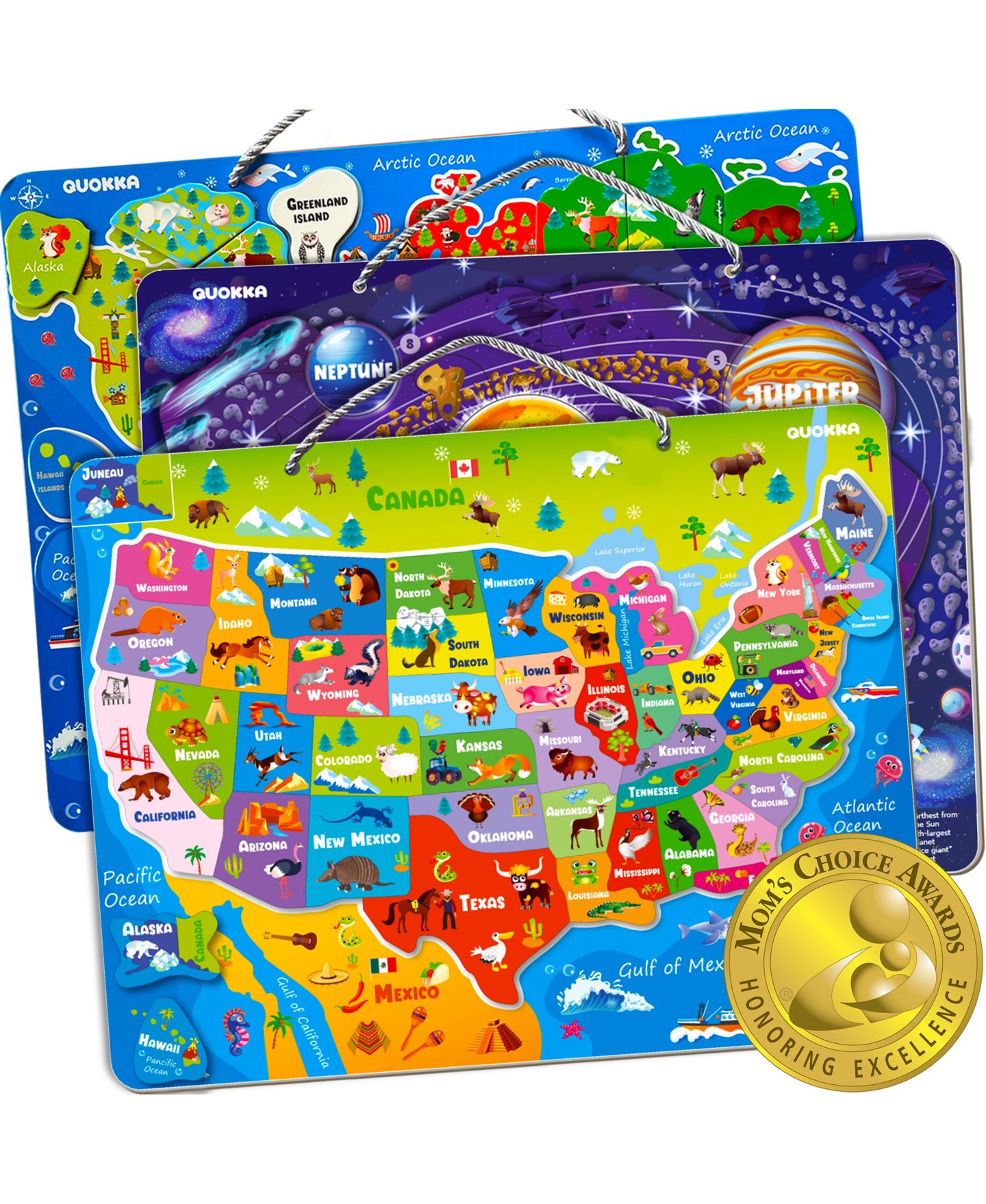 Детские игрушки Quokka World Map and Solar System Educational Puzzle Set, 3-Piece, Ages 3+, цвет: Magnetic — фото 1