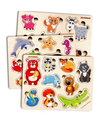 Quokka 3xSET Wooden Animal Peg Puzzles for Toddlers Ages 1-3-5