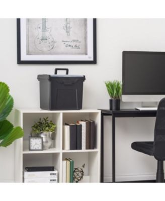 Portable Letter Size File Box with Built-In Organizer Lid and Handle for Hanging Folders, Large, Black