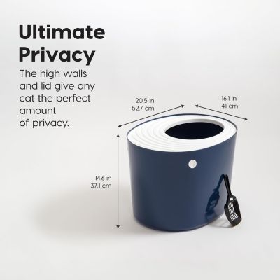 USA Large Stylish Round Top Entry Cat Litter Box with Scoop, Curved Kitty Litter Pan with Litter Particle Catching, Navy/White