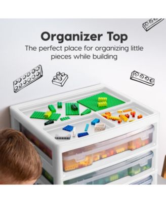 USA Fits 12" x 12" Paper 3-Tier Scrapbook Storage Unit with Organizer Top for Building Blocks Lego Papers, White/Clear