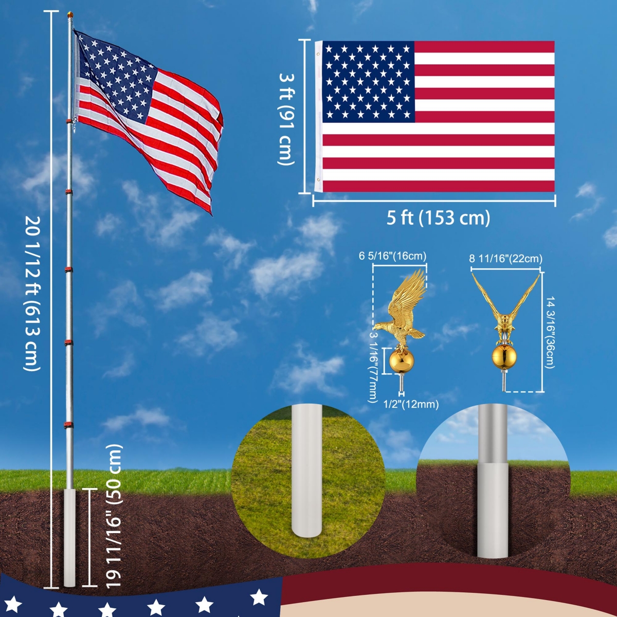 Yescom Ez Go 20ft Eagle Topper Telescopic Flag Pole Kit Upgraded Rotating Lock Outside 3x5' Us Flag Ball Final Silver - Sliver+gold