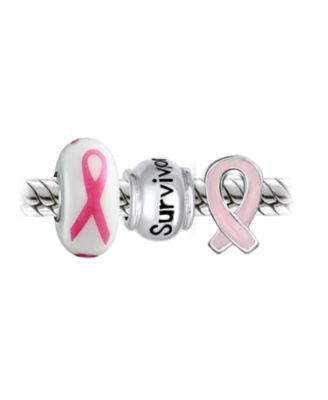 Survivor Pink Ribbon Mix Set Of 3 Sterling Silver Spacer Charm Bead Fits European Bracelet