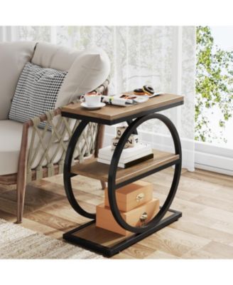 Narrow End Table with 3 Storage Shelves, Wood Side Table with Black Metal Frames, Industrial Sofa Side Table, Nightstand and Bedside Table