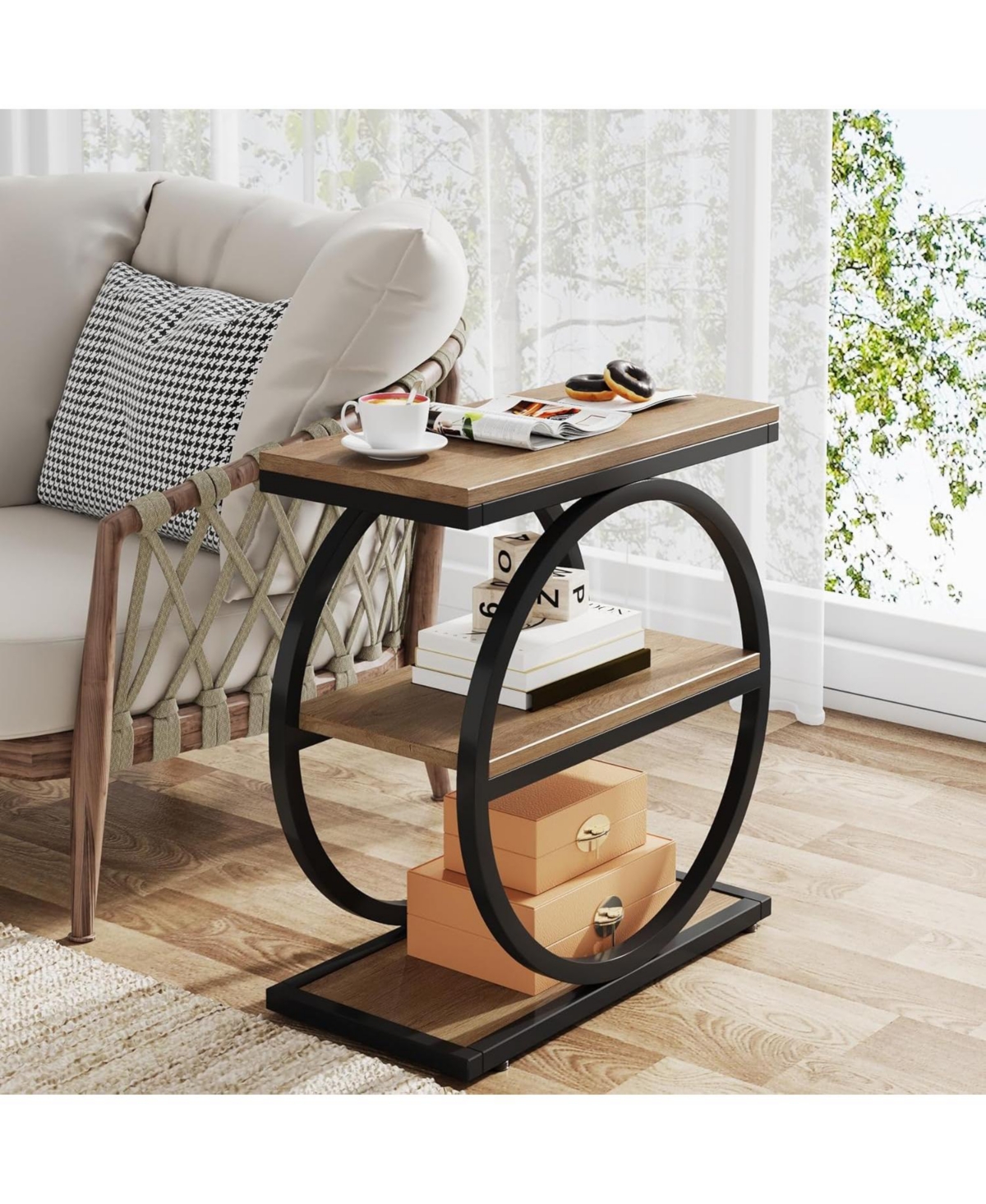 Tribesigns End Table, Narrow End Table with 3 Storage Shelves, Wood Side Table with Black Metal Frames, Industrial Sofa Side Table for Living Ro