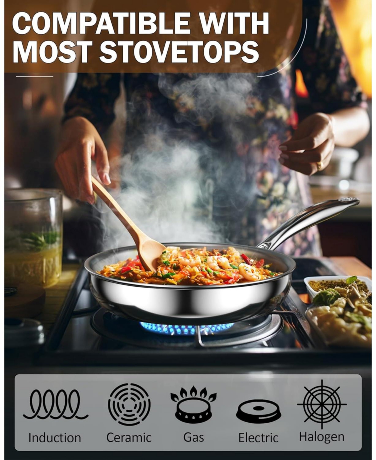 Cook N Home Tri-Ply All Clad 18/10 Stainless Steel Skillet Frying Pan,Dishwasher Safe,- Silver