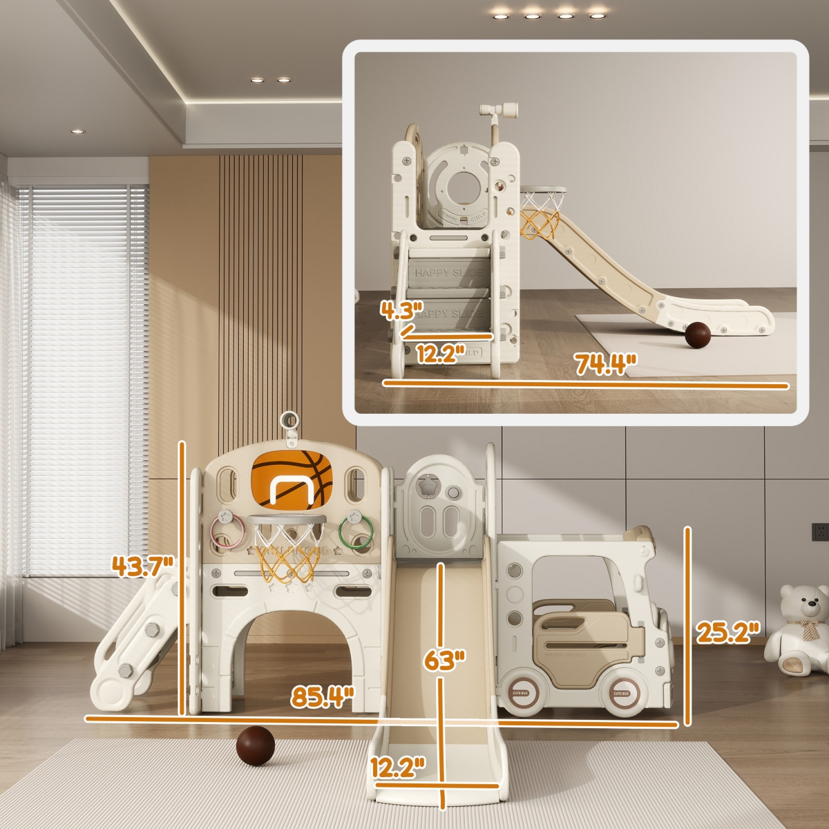 Qaba 1 Toddler Slide for Kids Ages 1-6 with Car Design,- Cream white