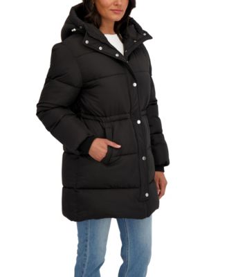 Women's 3/4 Cozy Lined Hooded Puffer Coat With Drawstring Waist