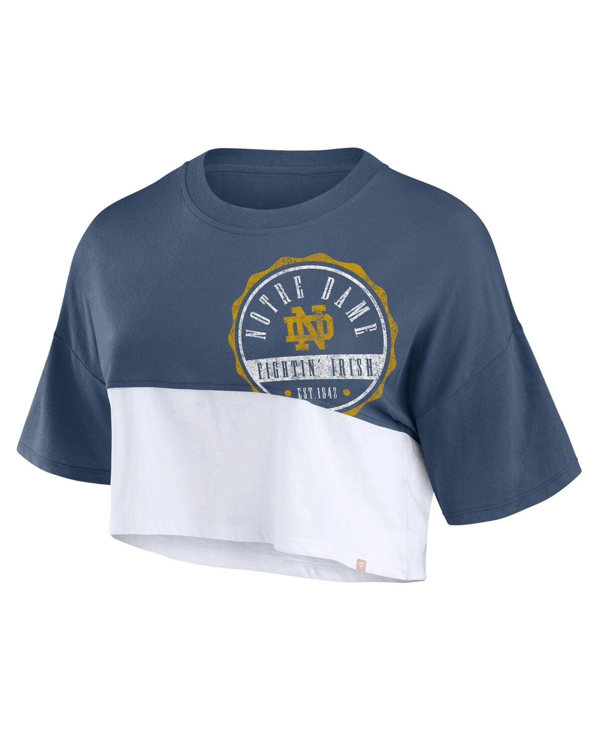 Fanatics Women's Navy/white Notre Dame Fighting Irish Oversized Badge Colorblock Cropped T-shirt In Navy,white