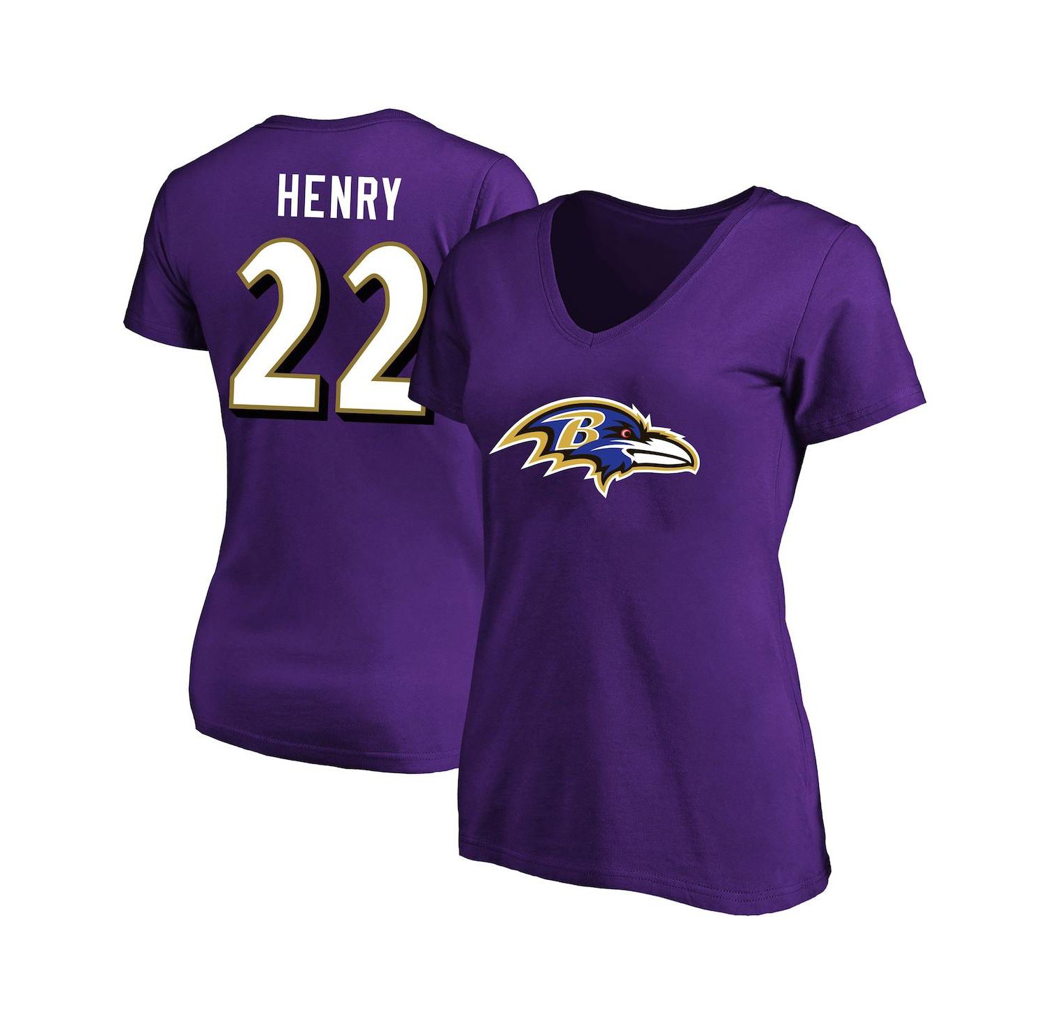 Women's Derrick Henry Purple Baltimore Ravens Plus Size Name & Number V-Neck T-Shirt
