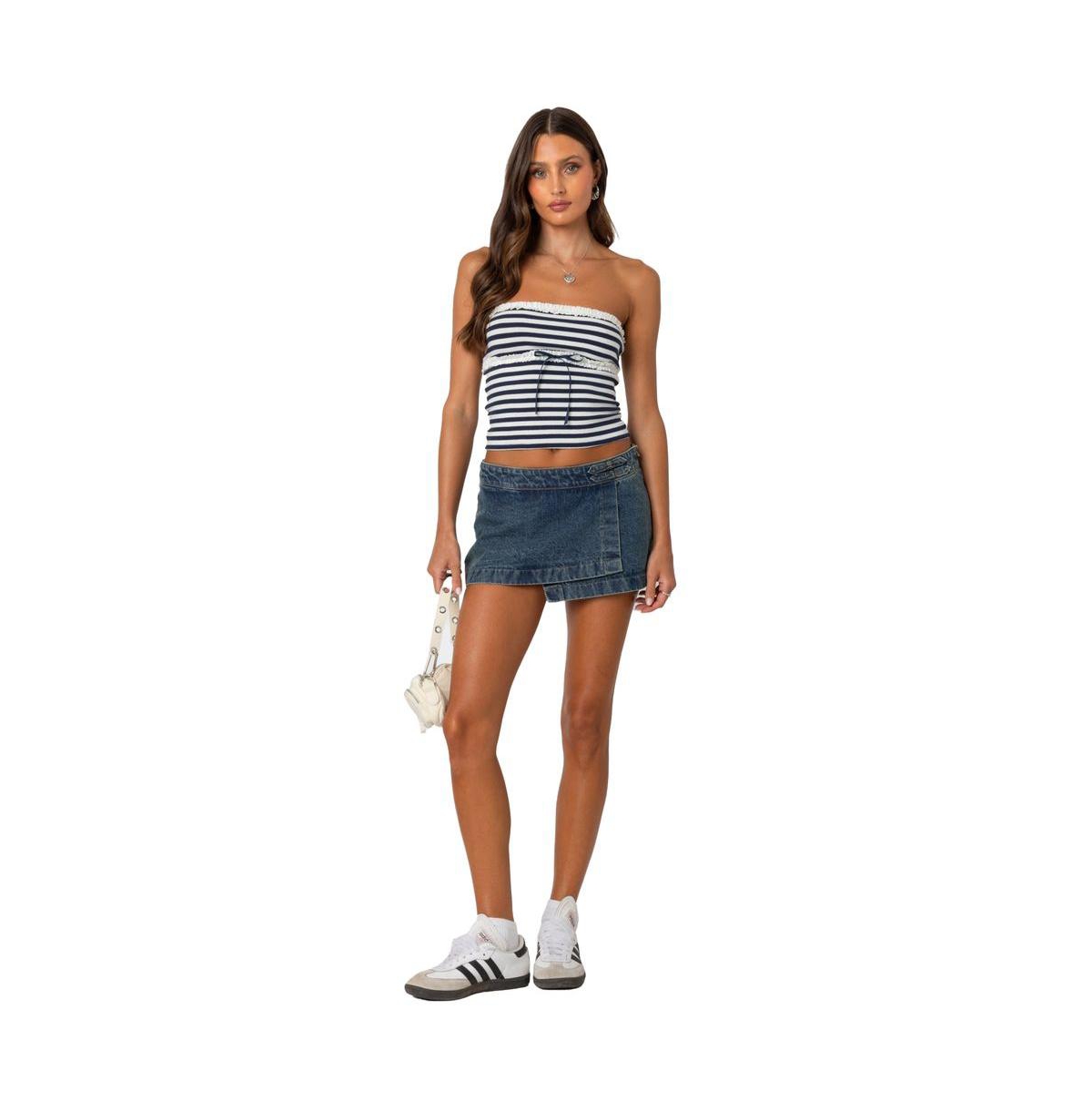 Edikted Women's Striped Eyelet Trim Tube Top - Navy-and-white