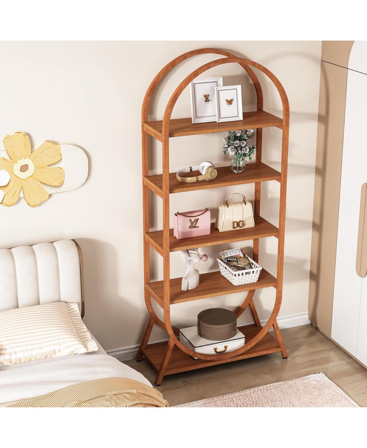 Tribesigns 5-Tier Open Bookshelf, Tall Arched Bookcase, Modern Brown Storage Bookshelves, Freestanding Display Rack Shelving Unit for Office, Be