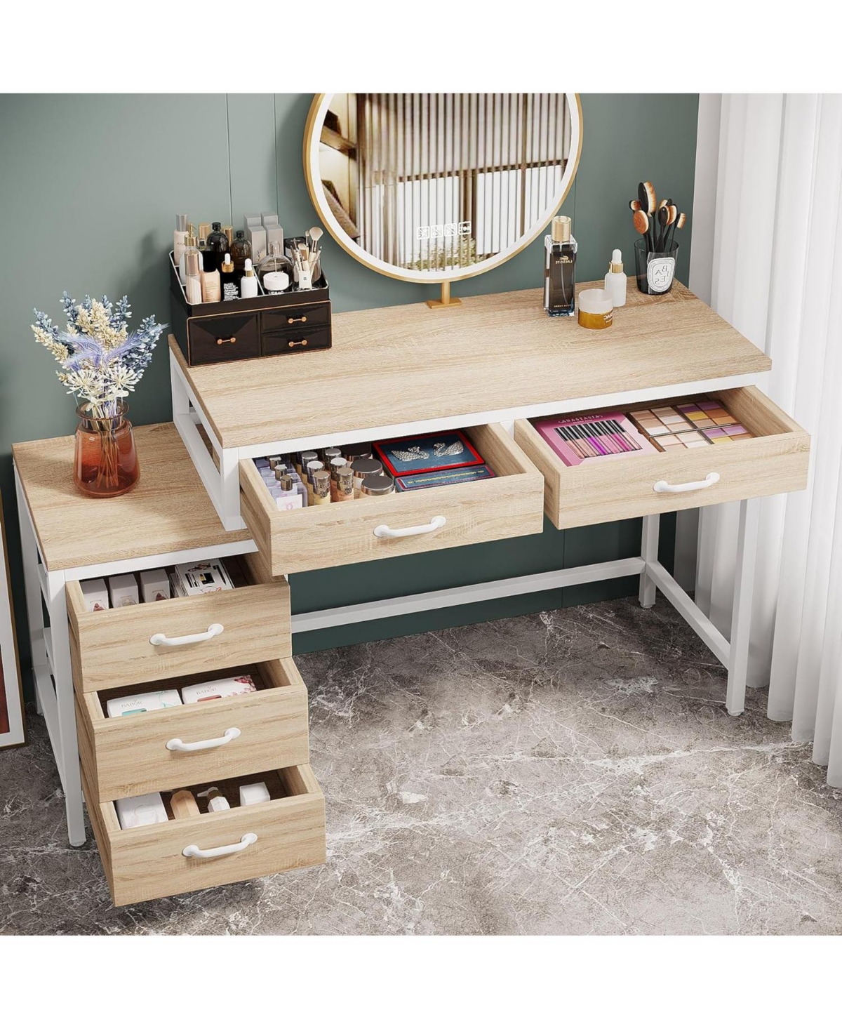 Tribesigns Vanity Desk with 5 Drawers, Makeup Vanity Table Dressing Table with Side 3-Drawer Chest, Make Up Vanities for Women, Girls (Without Mirror)