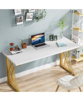 55   Large Modern Computer Desk, White & Gold Luxury Laptop PC Student Table, Makeup Vanity Table, Sturdy Writing Workstation