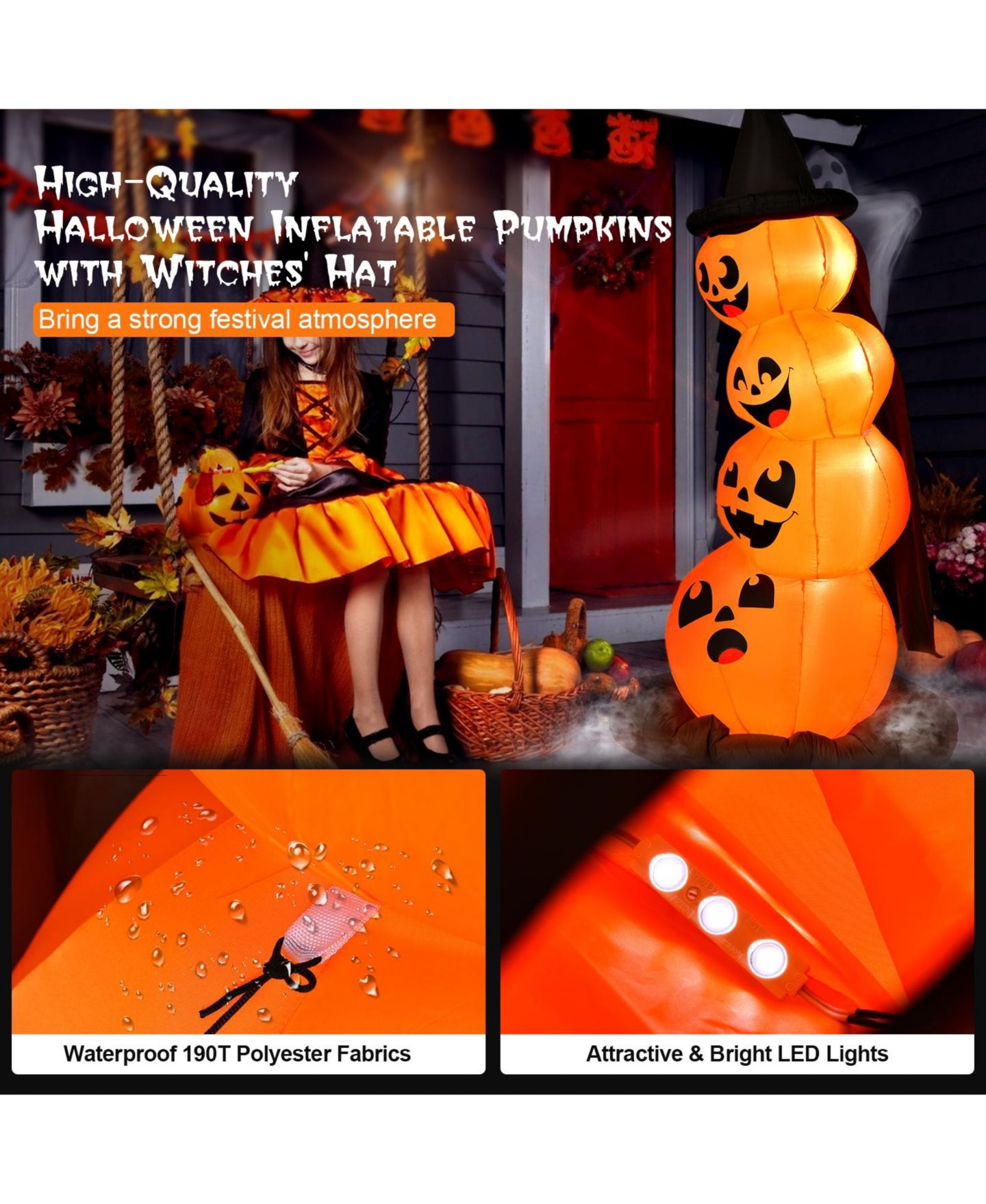Детские игрушки VEBREDA 7 Feet Halloween Inflatable Pumpkin Combo with Witch's Hat and LED Lights, цвет: Оранжевый — фото 2