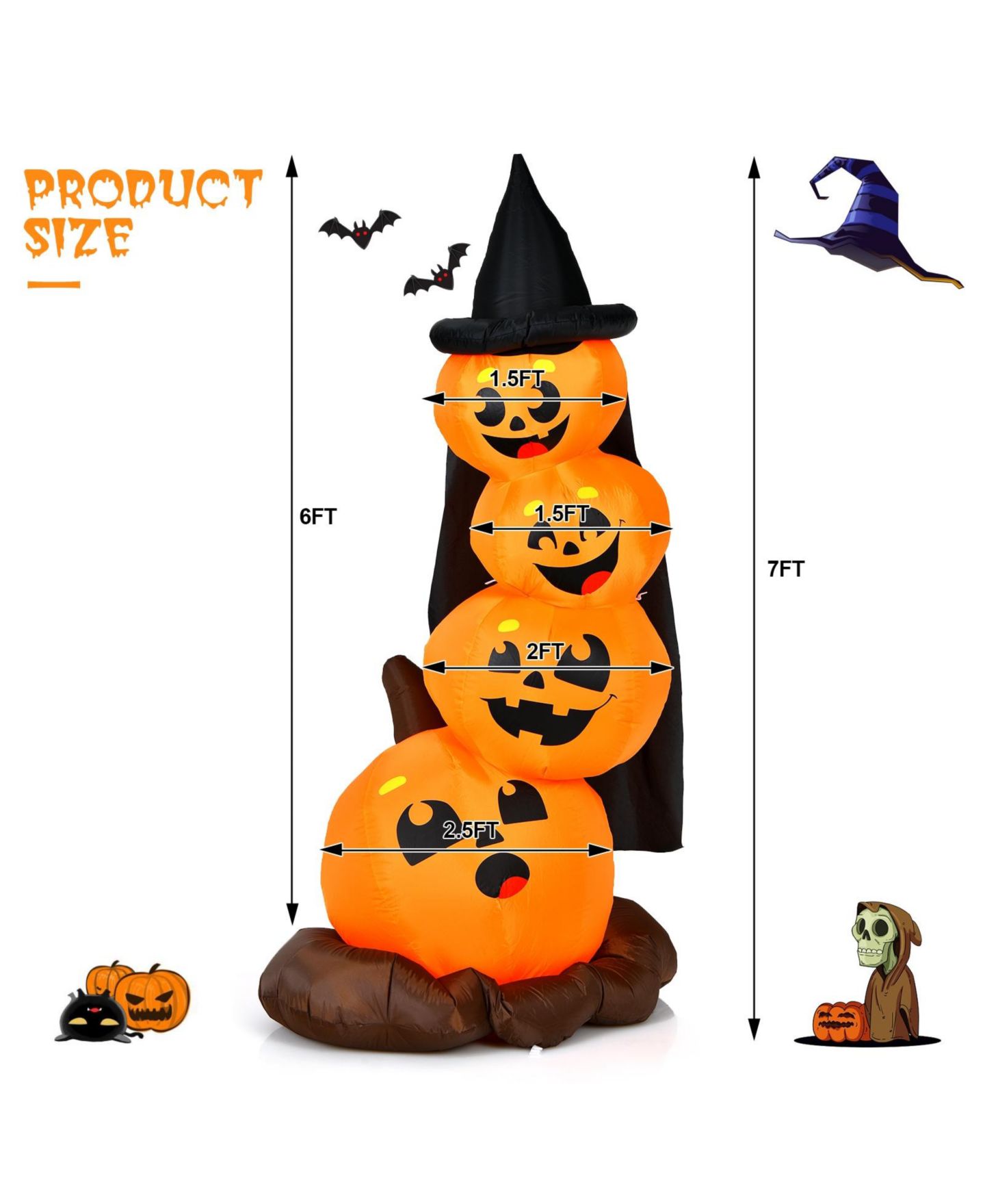 Детские игрушки VEBREDA 7 Feet Halloween Inflatable Pumpkin Combo with Witch's Hat and LED Lights, цвет: Оранжевый — фото 9