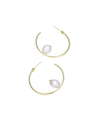 Classy Sterling Silver with Gold Plating and Genuine Freshwater Pearl Hoop Earrings