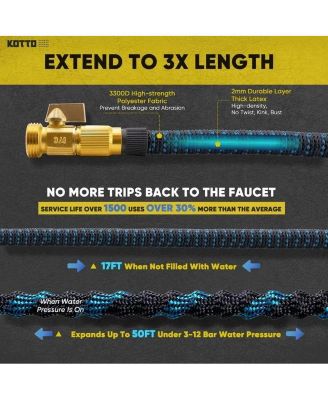 50' Expandable Water Garden Hose: 10 Spray Nozzles, Solid Brass Connector, Leak-Proof Design