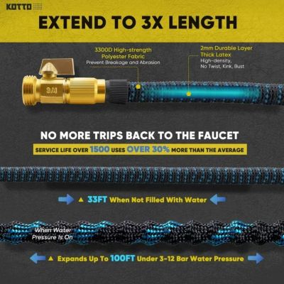 100' Expandable Water Garden Hose: 10 Spray Nozzles, Solid Brass Connector, Leak-Proof Design