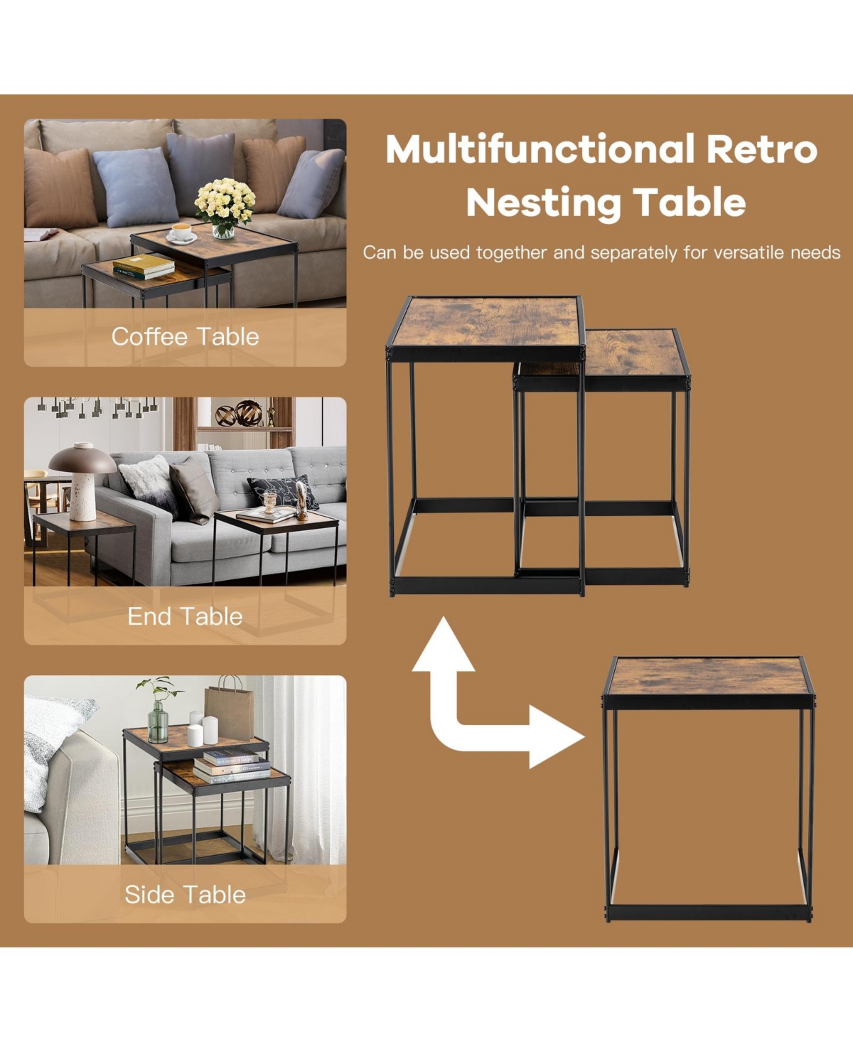 Sugift Set of 2 Modern Nesting End Tables with Metal Legs for Living Room-Rustic- Brown