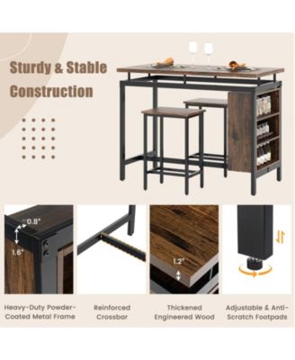 3 Pieces Dining Table Set with 3-Tier Storage Shelf and Metal Frame-Brown