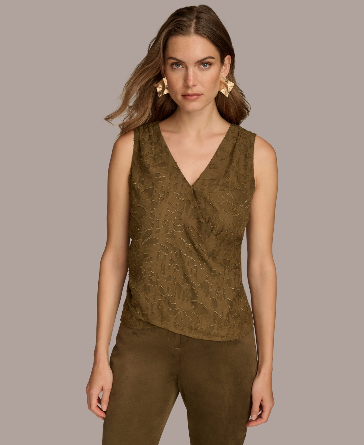 Donna Karan New York Women's Metallic Floral Faux-Wrap Sleeveless Blouse -Gold