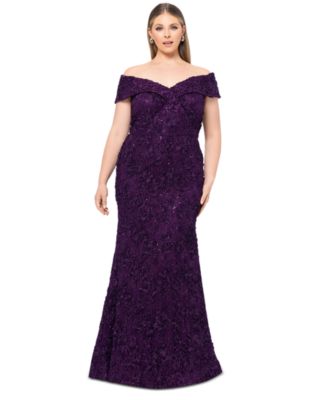 XSCAPE - Plus Size Embellished Lace Off-The-Shoulder Gown